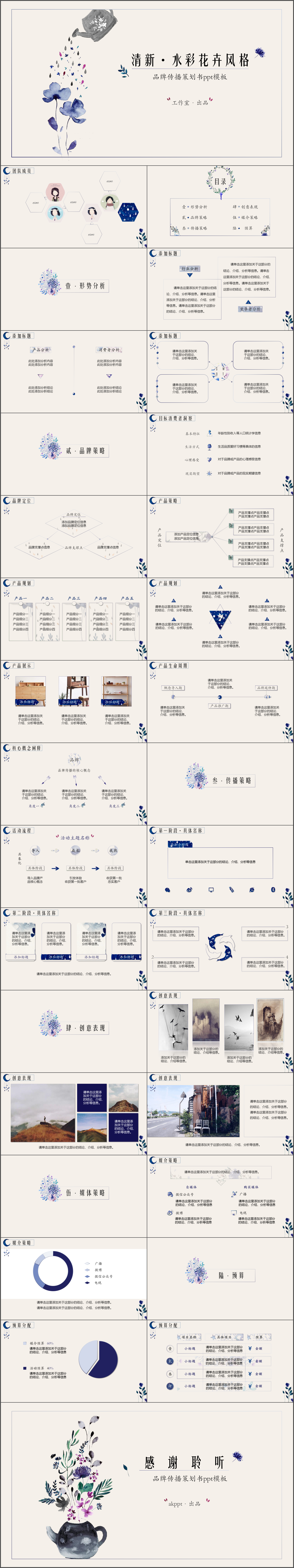 清新手绘水彩花卉PPT模板