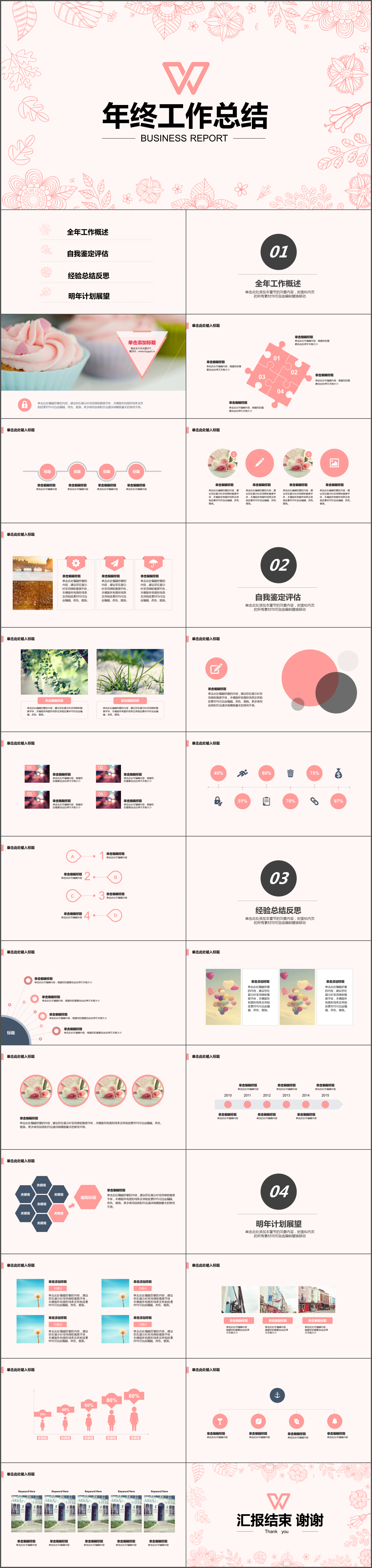 粉色小清新简约年终工作总结汇报PPT模板