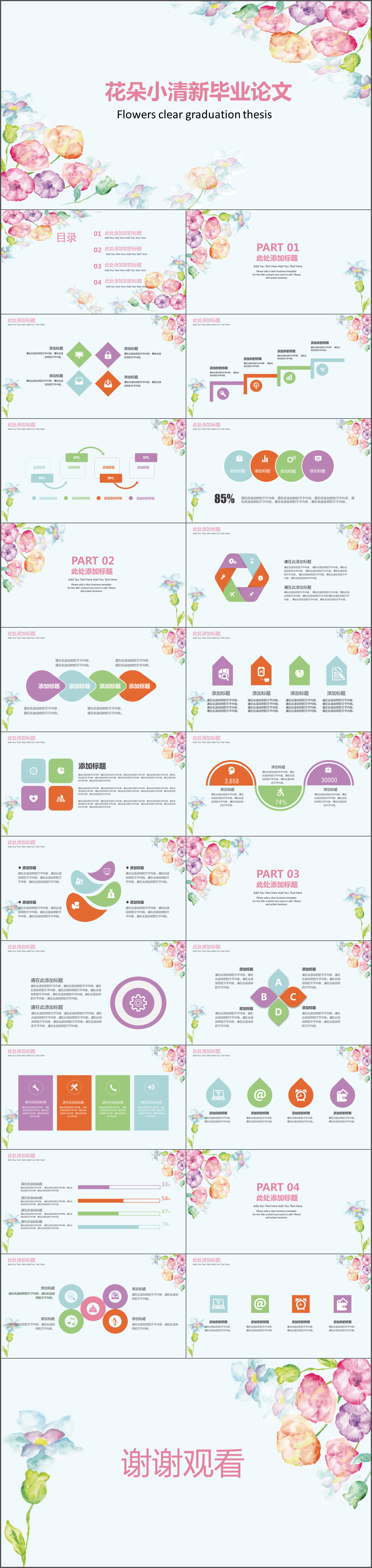 水彩花朵小清新毕业论文答辩PPT模板