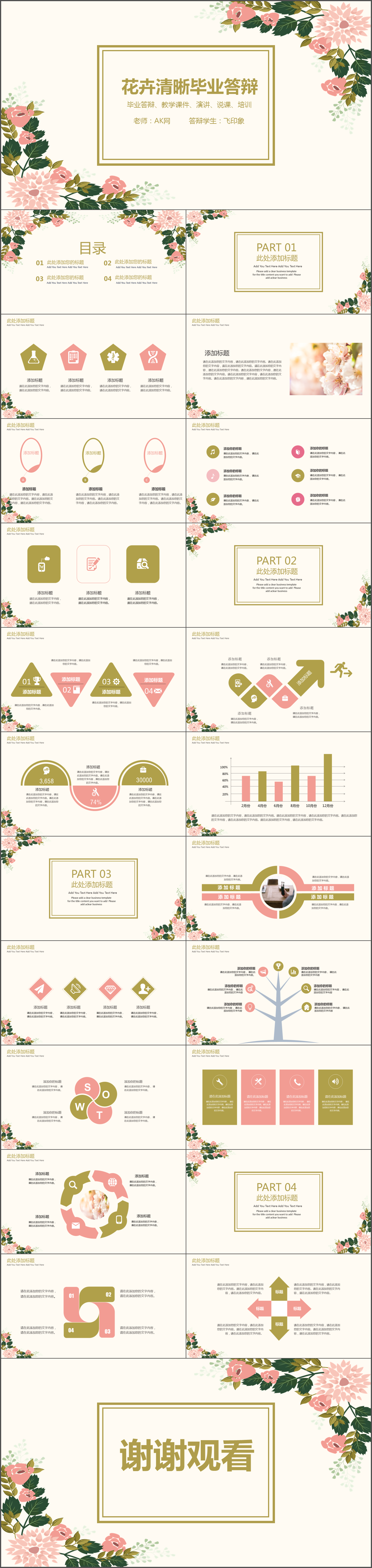 唯美素雅花卉清晰毕业答辩PPT模板