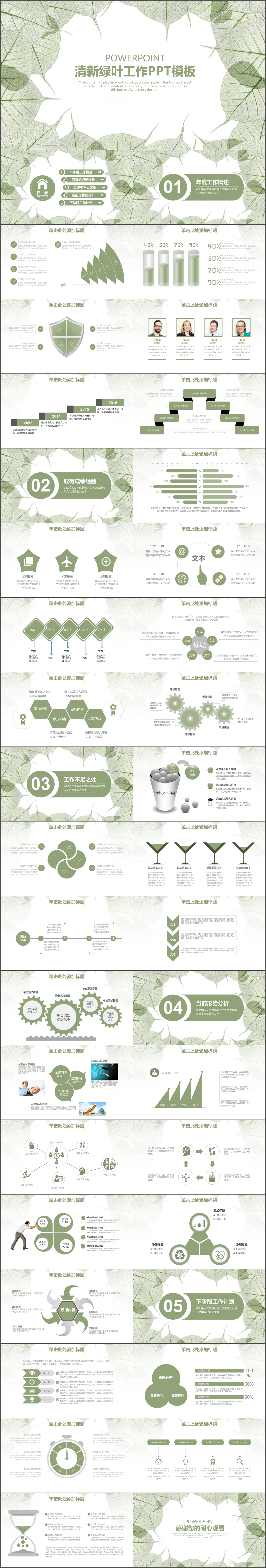 精致完整框架清新绿叶工作汇报PPT模板